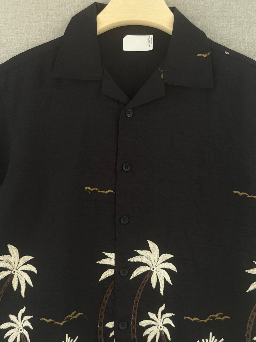Tropical Embroidered Camp Collar Shirt - Black
