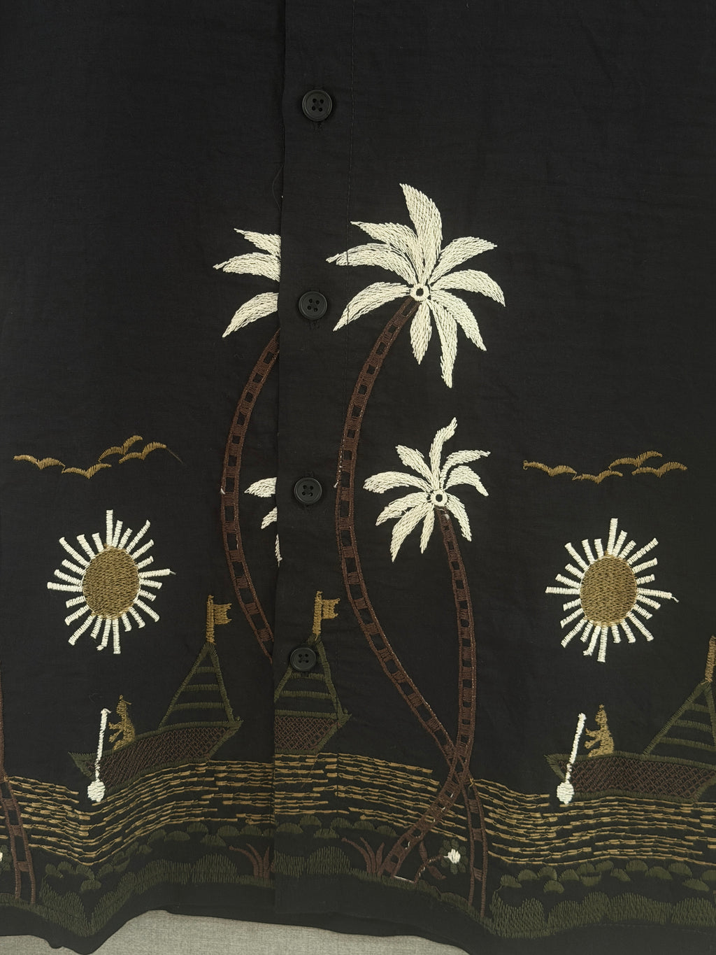 Tropical Embroidered Camp Collar Shirt - Black