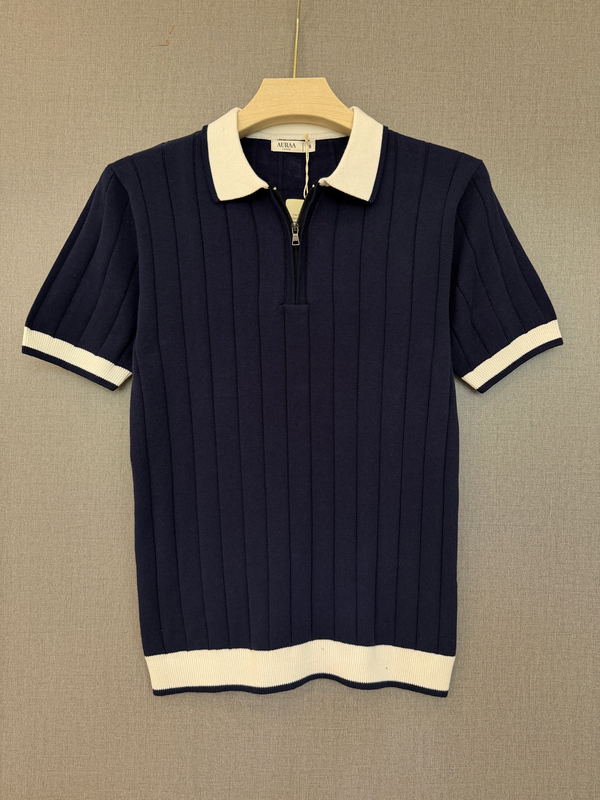 Ribbed Zip Polo - Navy