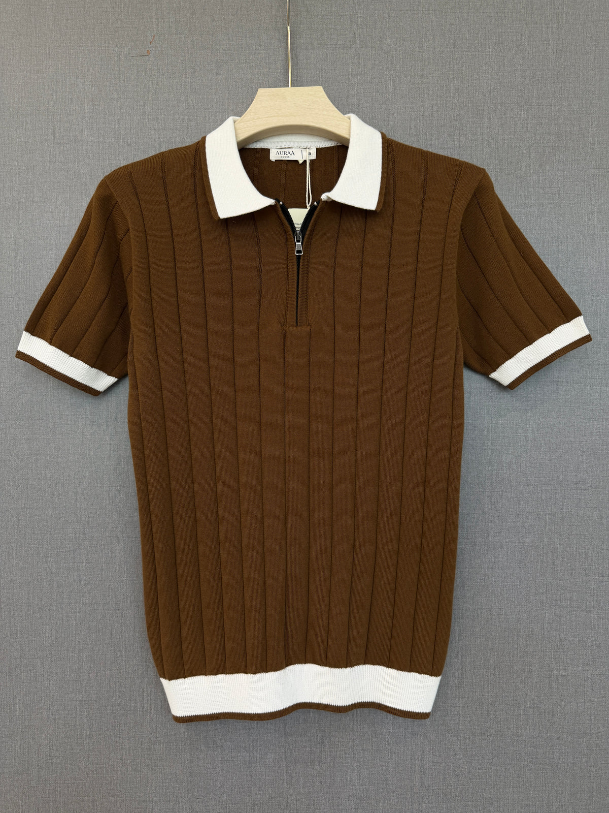 Ribbed Zip Polo - Chocolate Brown