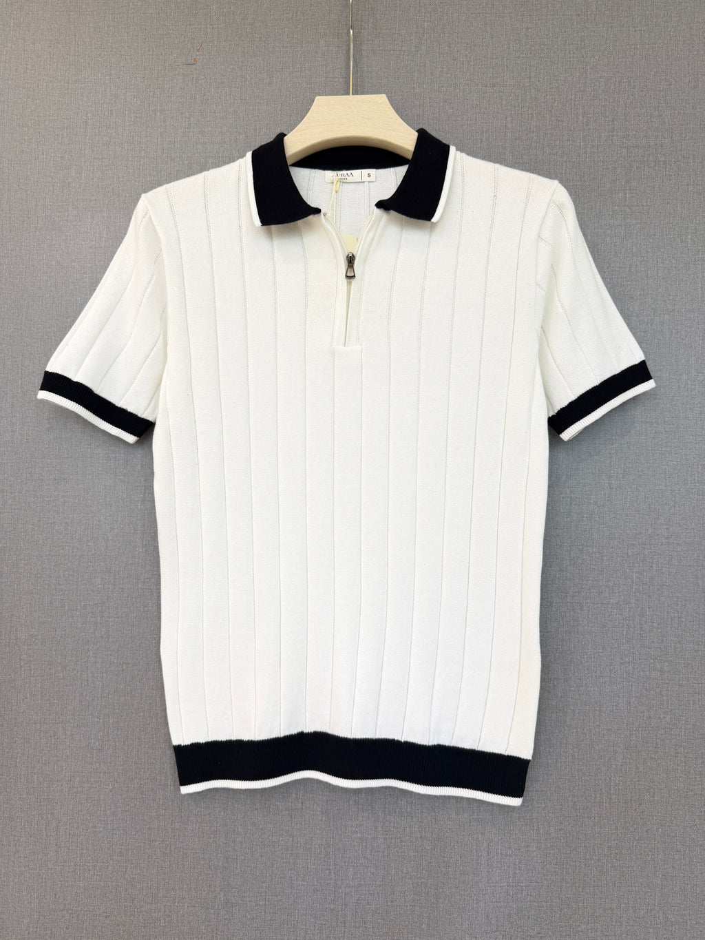 Ribbed Zip Polo - White