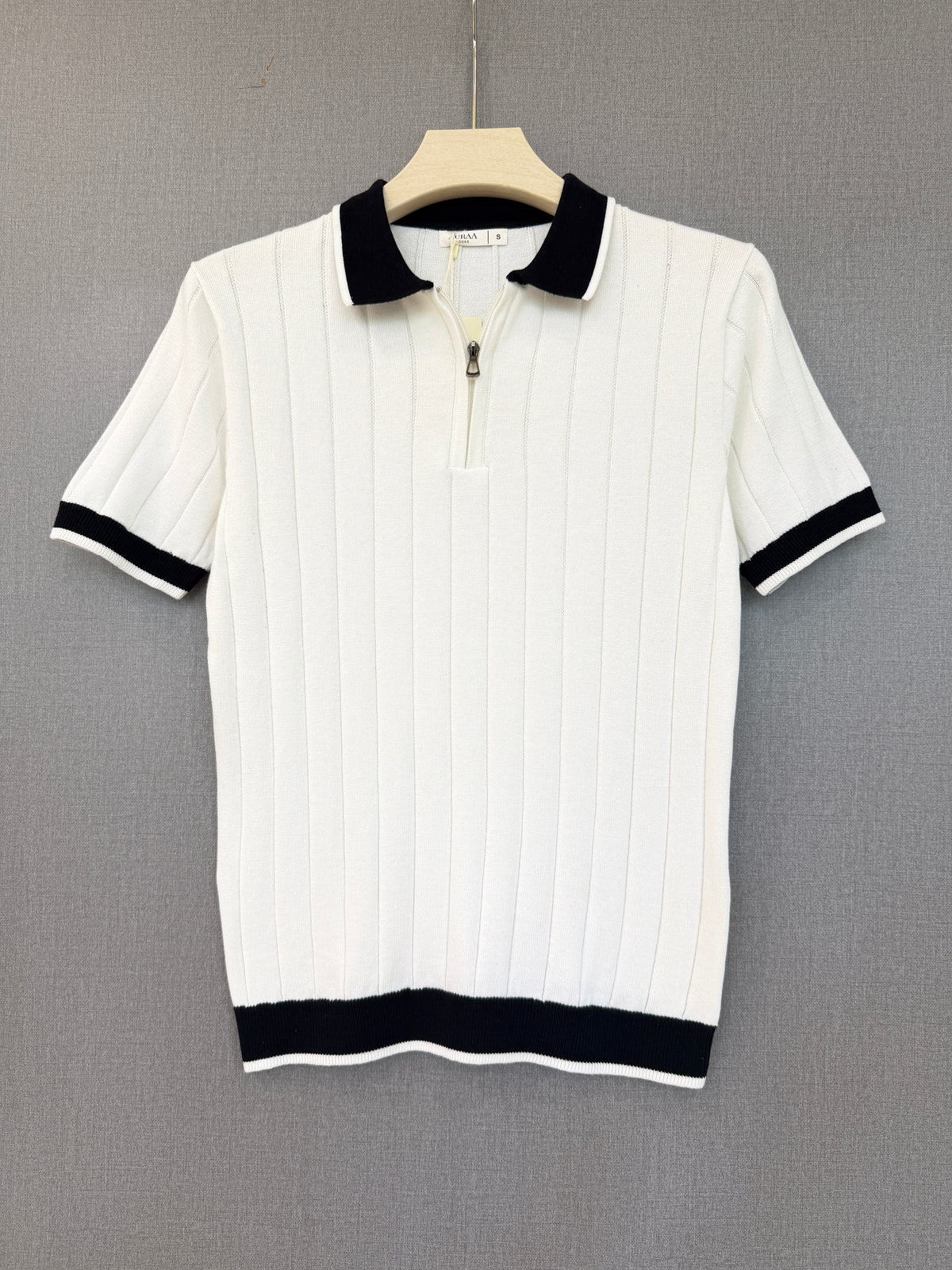 Ribbed Zip Polo - White