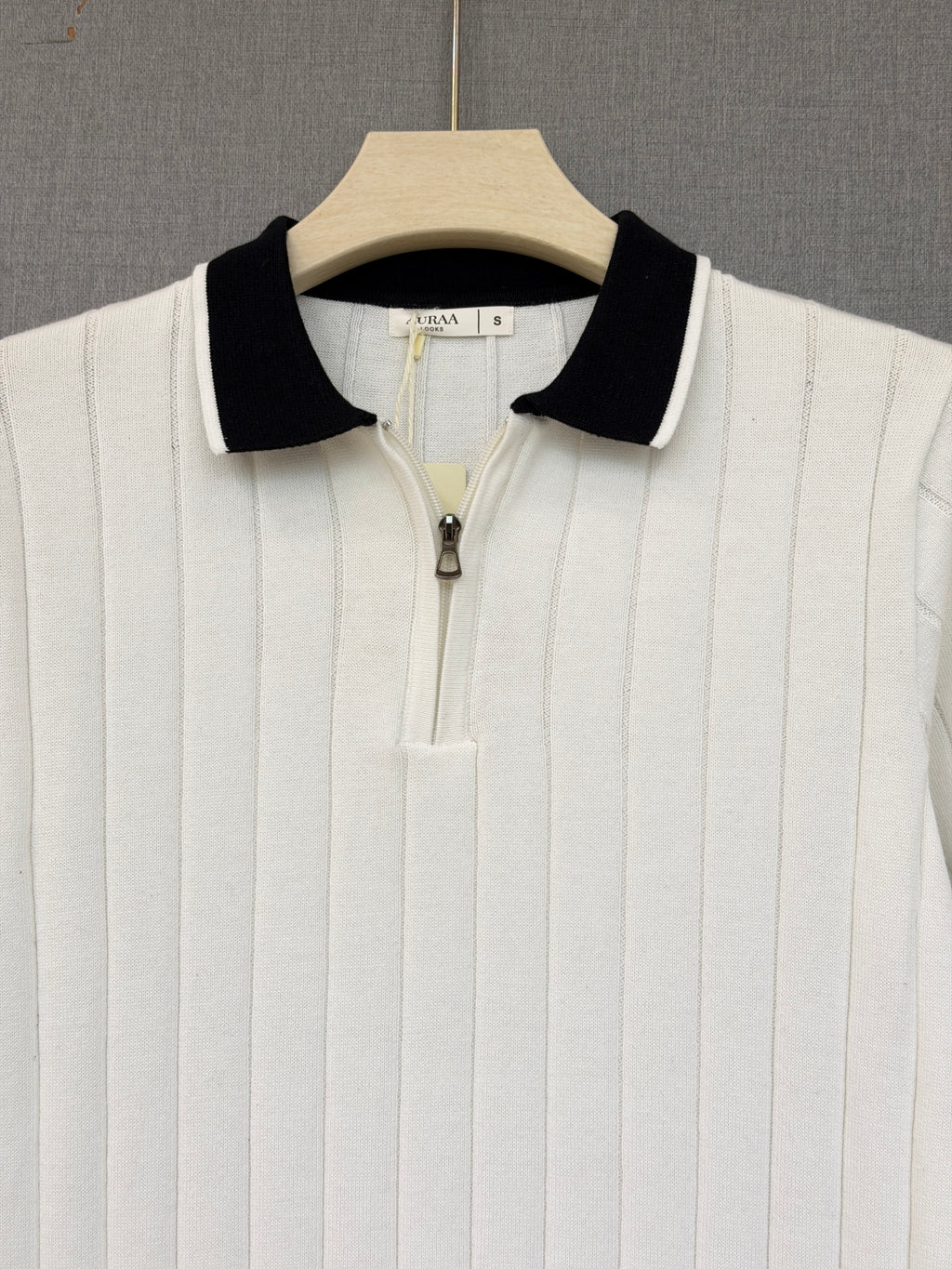 Ribbed Zip Polo - White