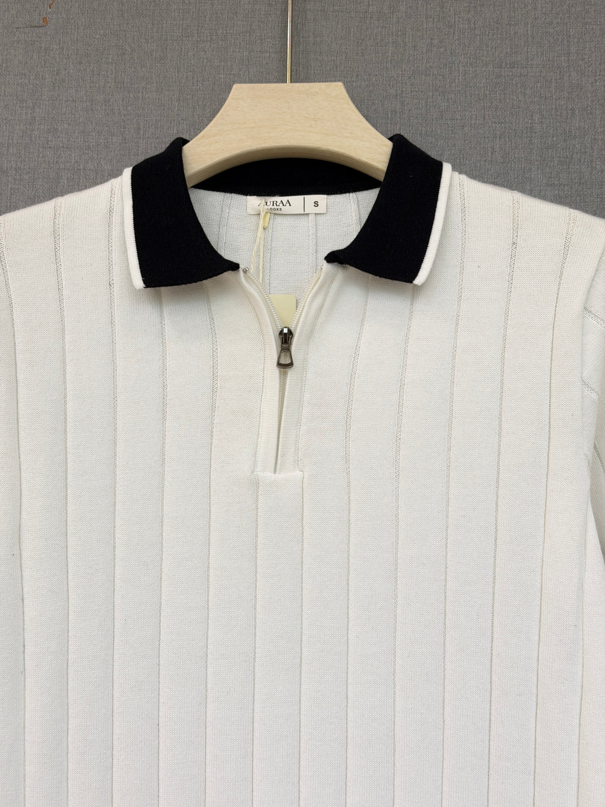 Ribbed Zip Polo - White
