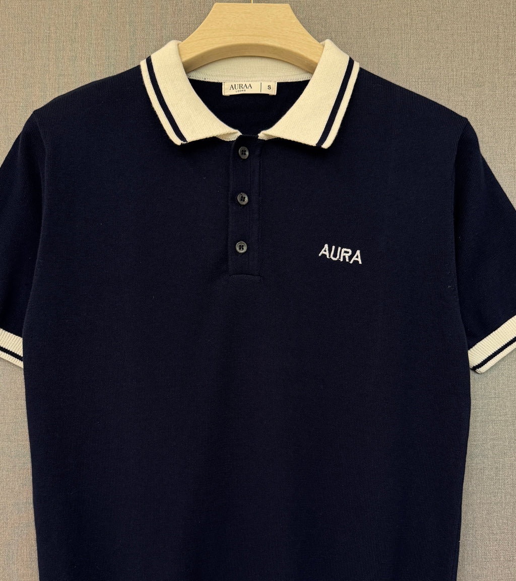Textured Polo T Shirt - Navy Blue