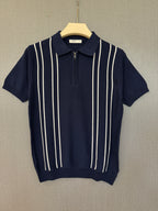 Vertical Stripe Zip Polo T Shirt - Navy Blue