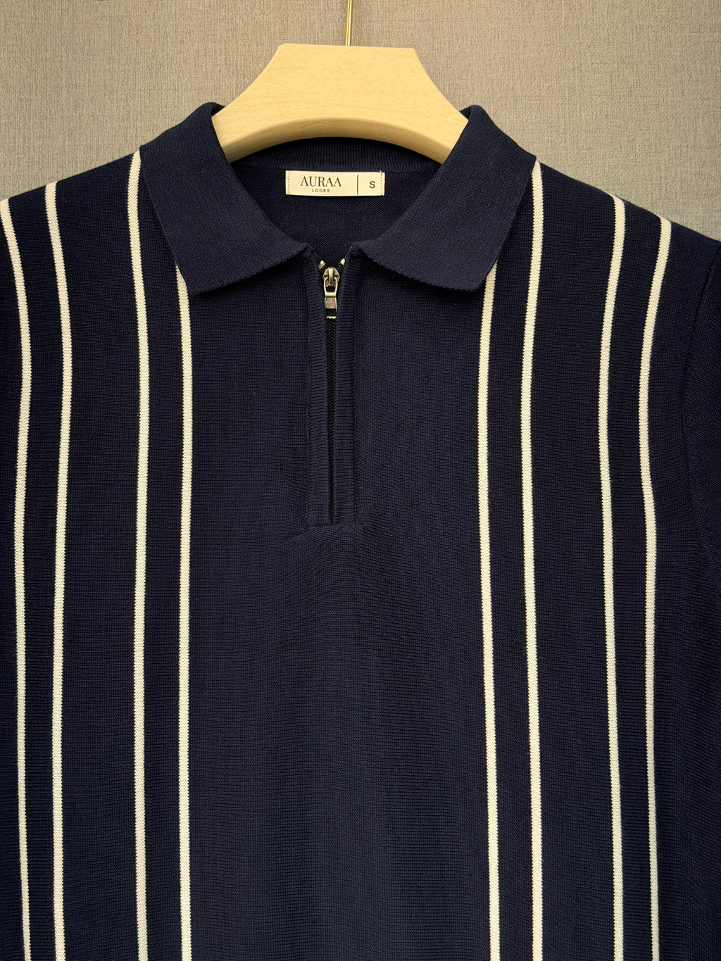 Vertical Stripe Zip Polo T Shirt - Navy Blue