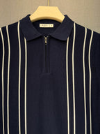 Vertical Stripe Zip Polo T Shirt - Navy Blue