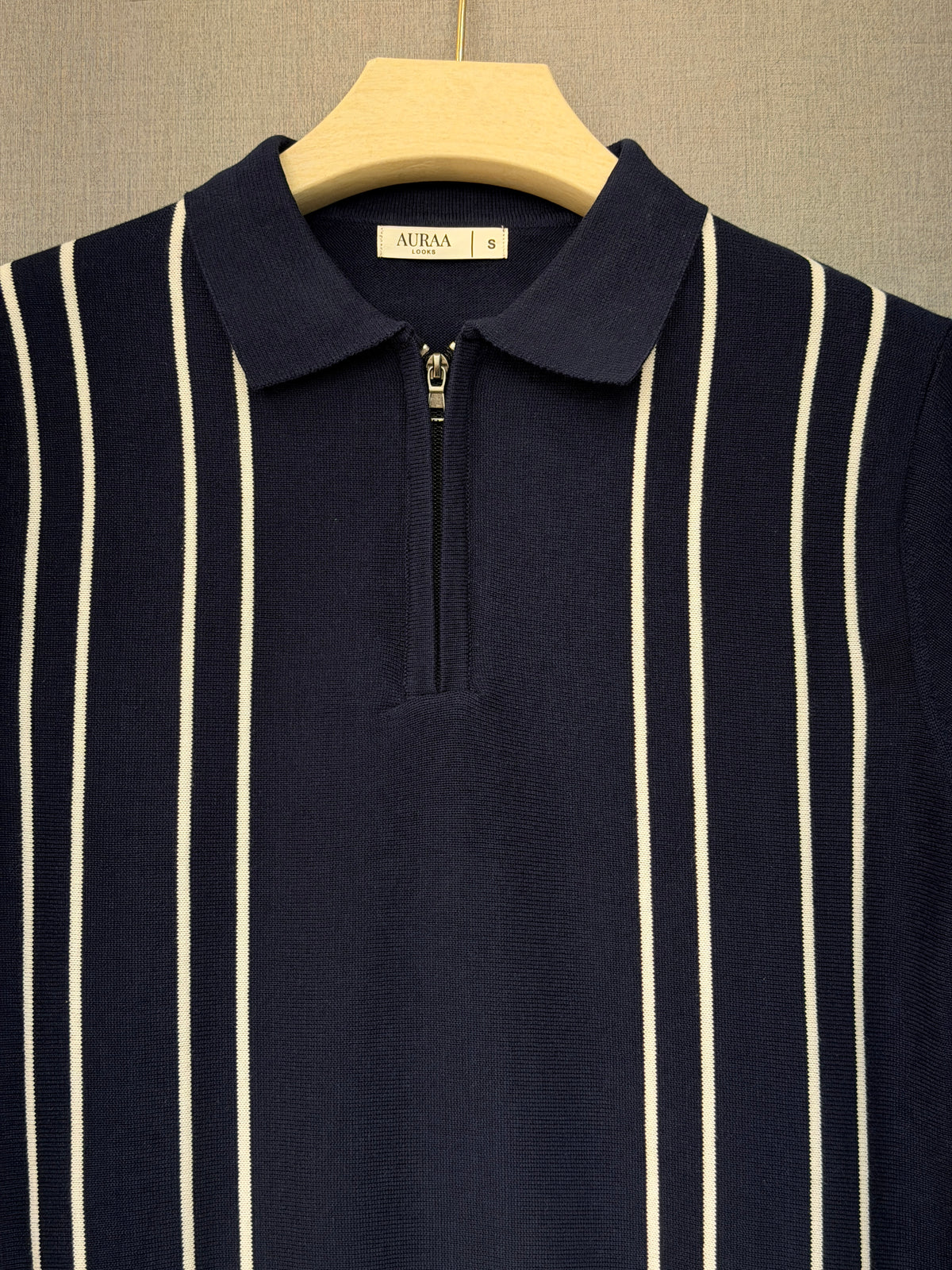 Vertical Stripe Zip Polo T Shirt - Navy Blue