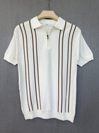 Vertical Brown Stripe Zip Polo T Shirt - White