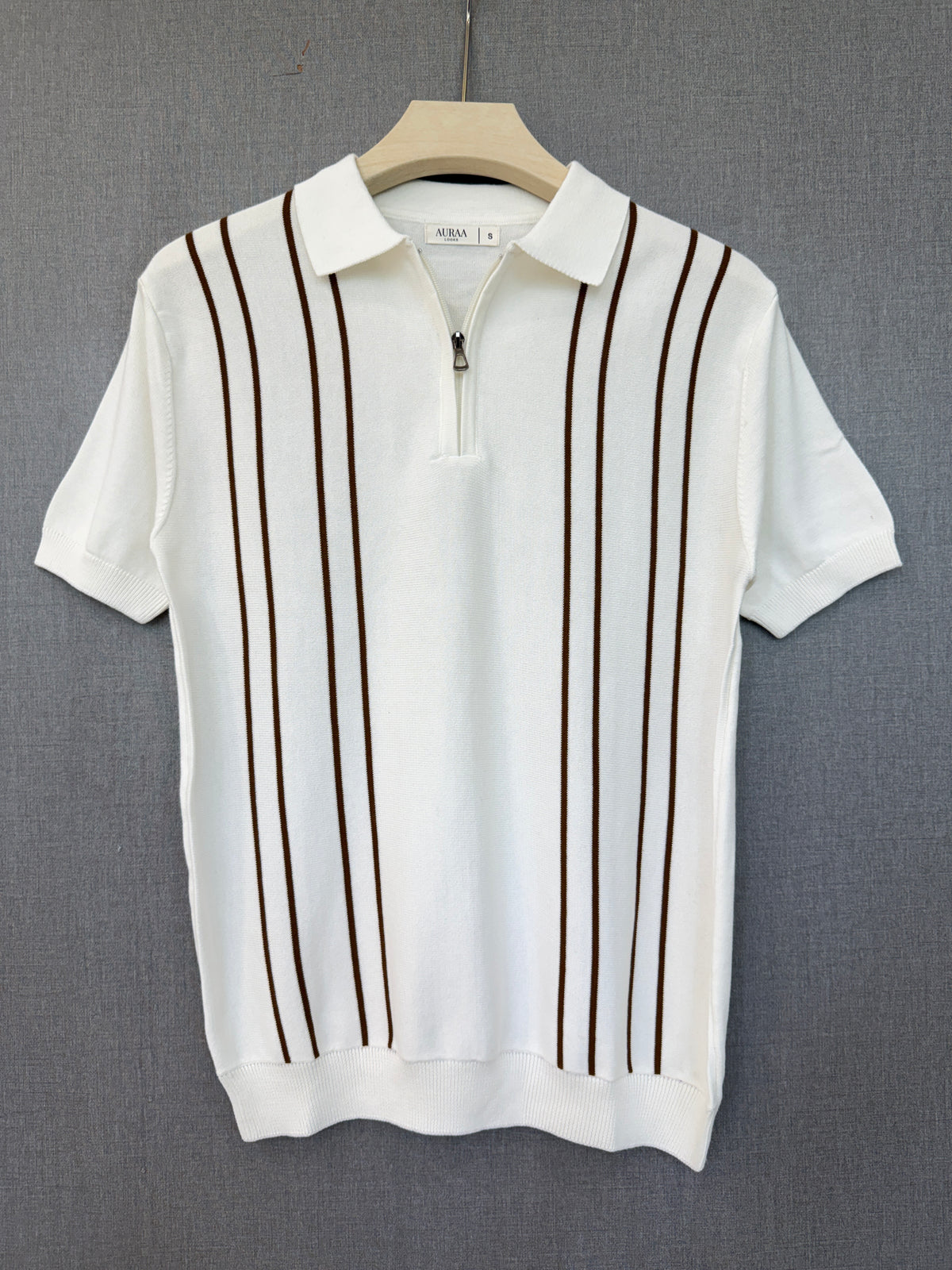 Vertical Brown Stripe Zip Polo T Shirt - White
