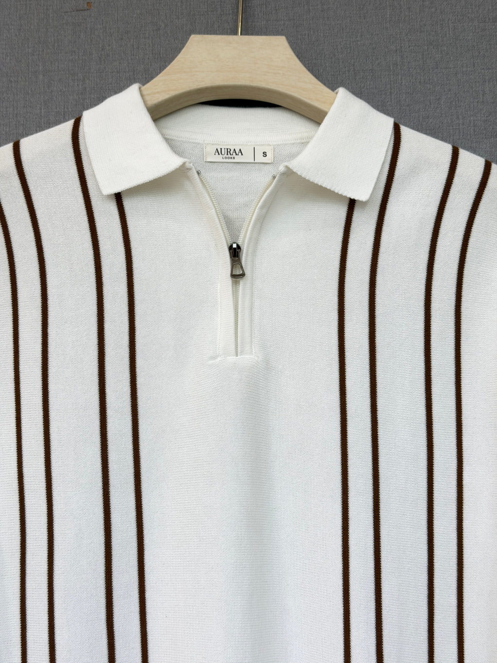 Vertical Brown Stripe Zip Polo T Shirt - White