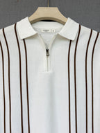 Vertical Brown Stripe Zip Polo T Shirt - White
