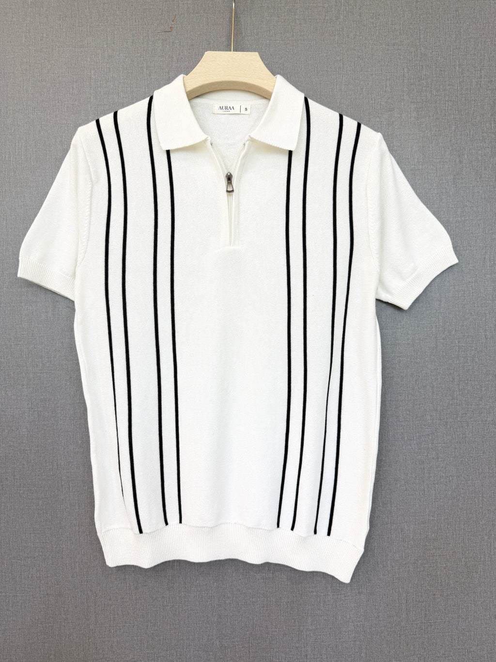 Vertical Black Stripe Zip Polo T Shirt - White