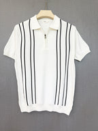 Vertical Black Stripe Zip Polo T Shirt - White