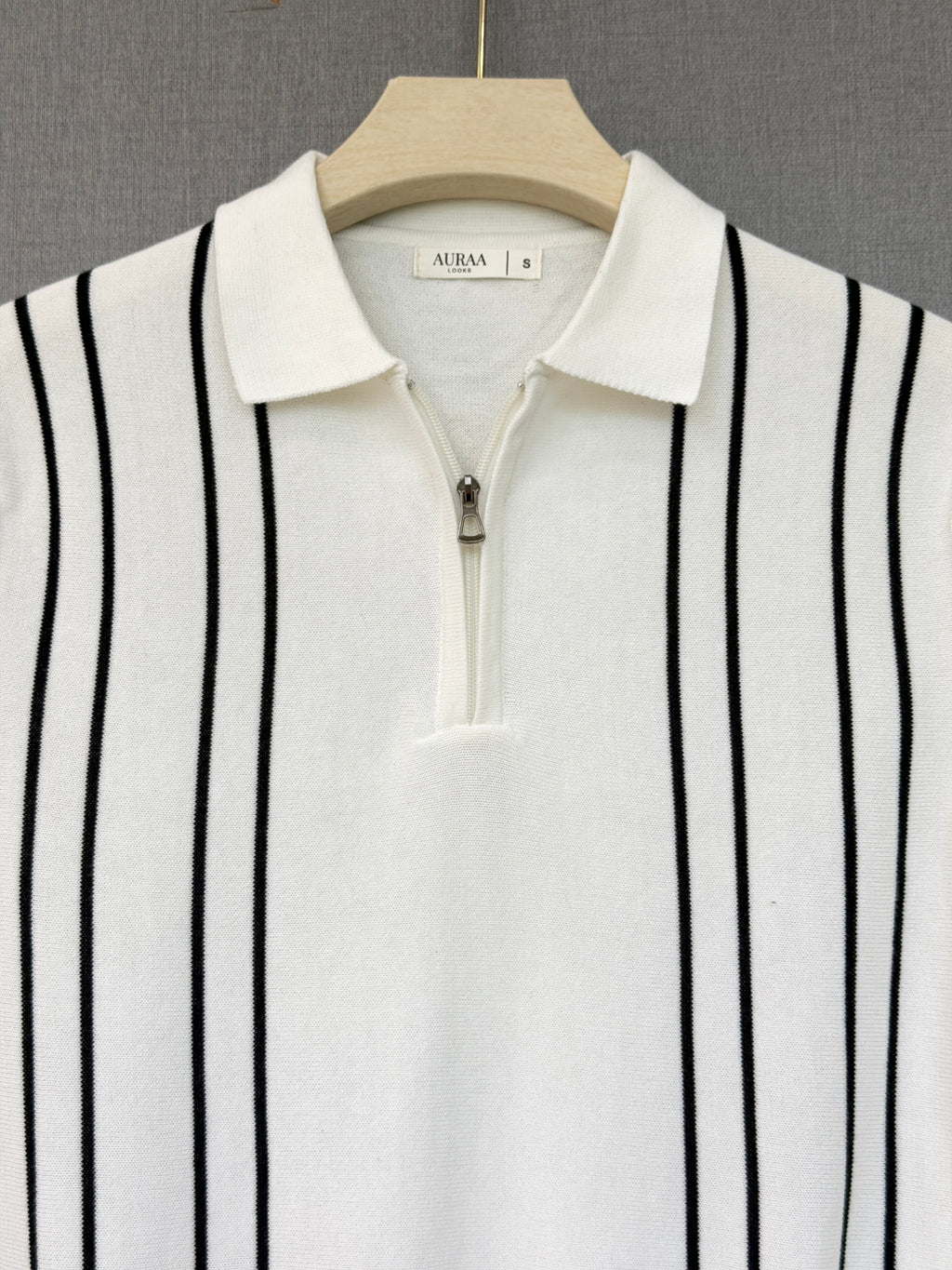 Vertical Black Stripe Zip Polo T Shirt - White