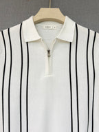Vertical Black Stripe Zip Polo T Shirt - White