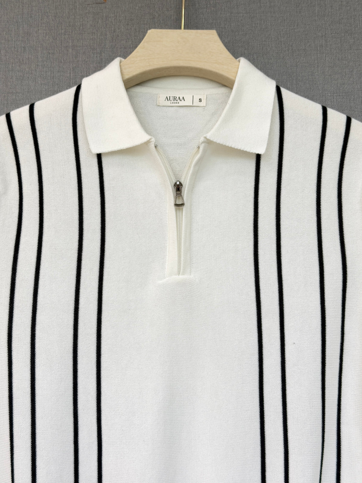 Vertical Black Stripe Zip Polo T Shirt - White
