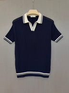 Ribbed Polo T Shirt - Navy Blue