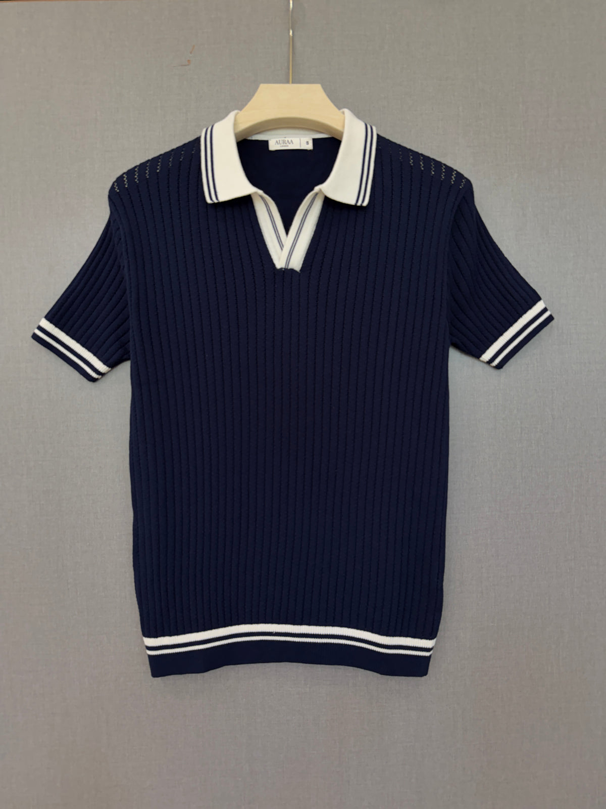 Ribbed Polo T Shirt - Navy Blue