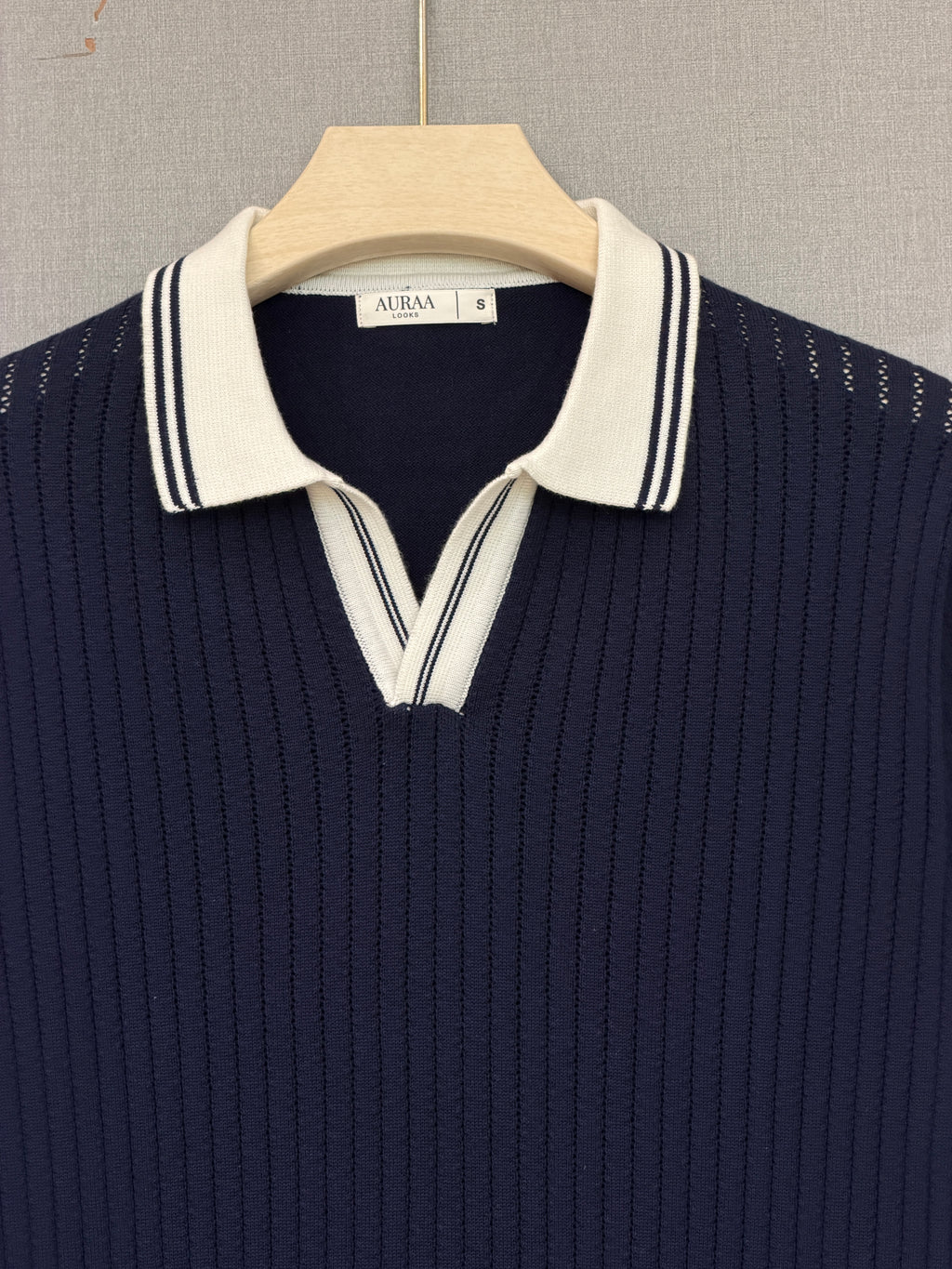 Ribbed Polo T Shirt - Navy Blue