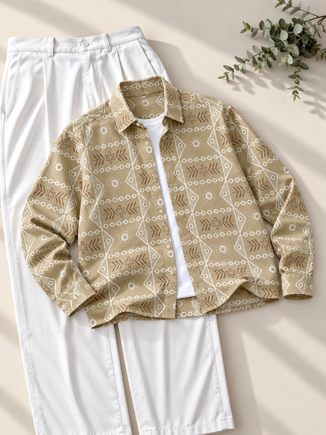 Geometric Embroidered Boxy Fit Shirt - Beige