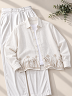 Botanical Embroidered Linen Shirt - Cream