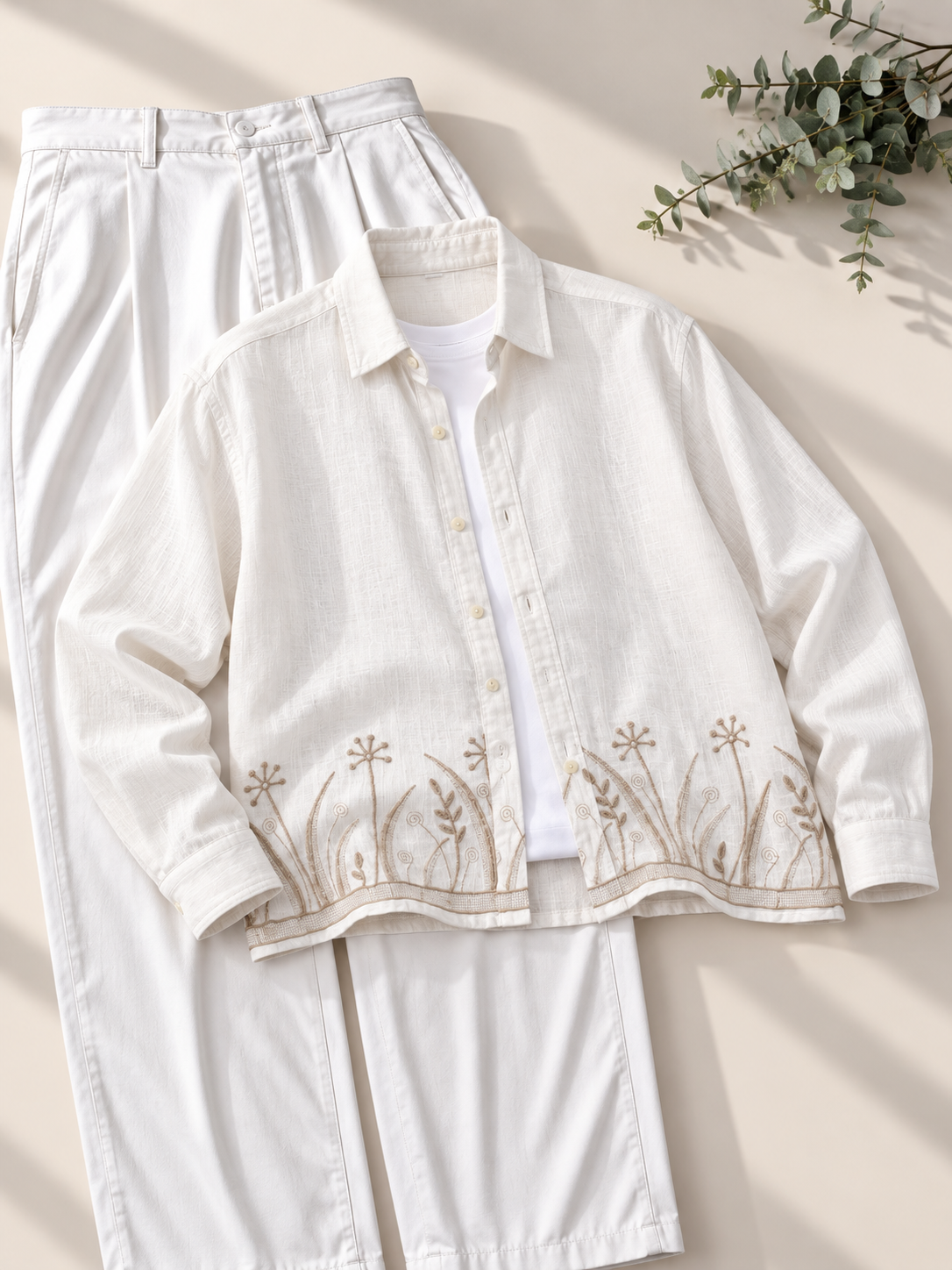 Botanical Embroidered Linen Shirt - Cream