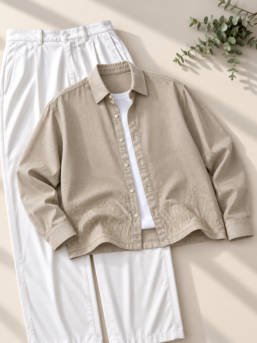 Botanical Embroidered Boxy Fit Shirt - Beige