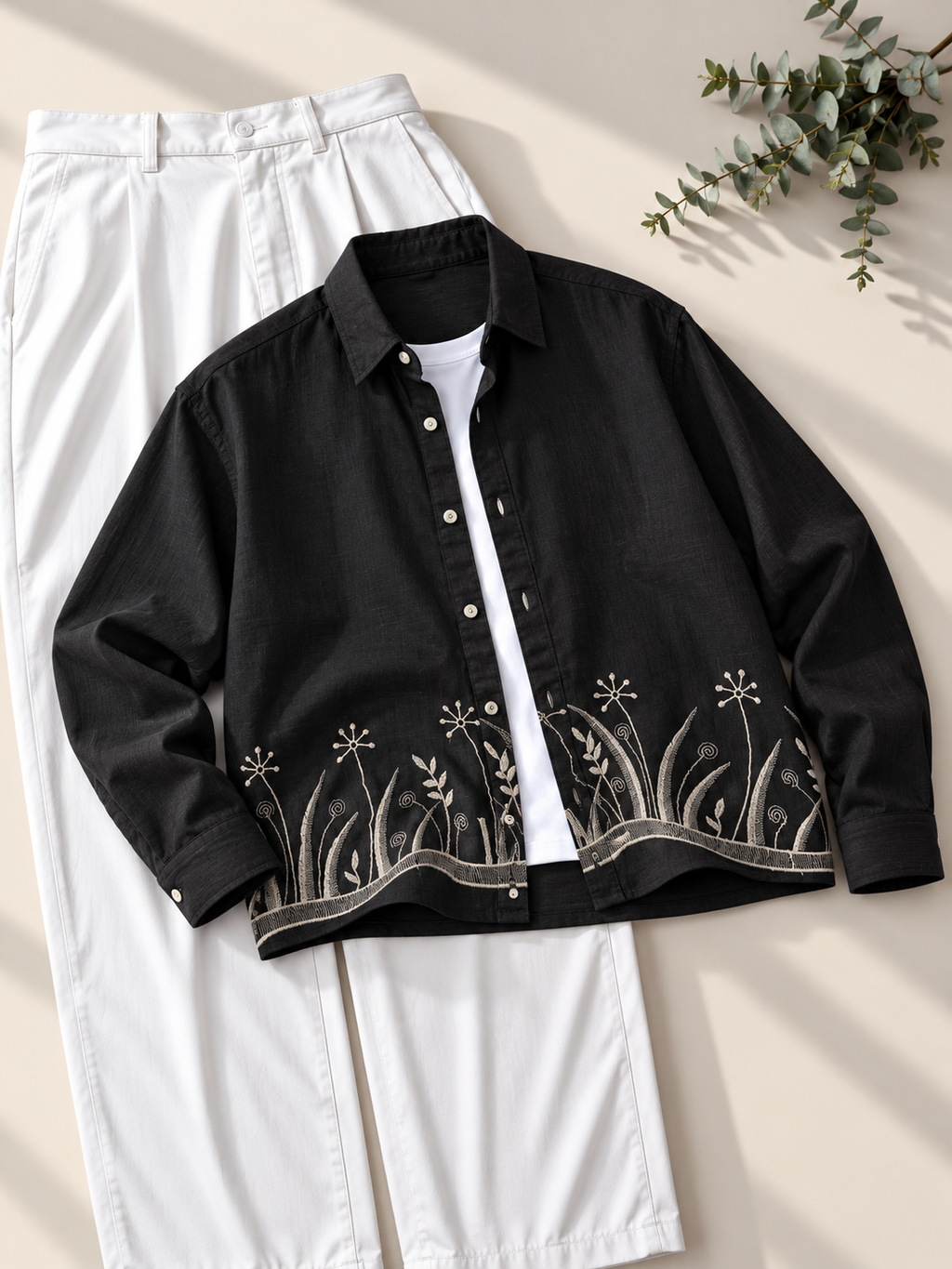 Botanical Embroidered Boxy Fit Shirt - Black