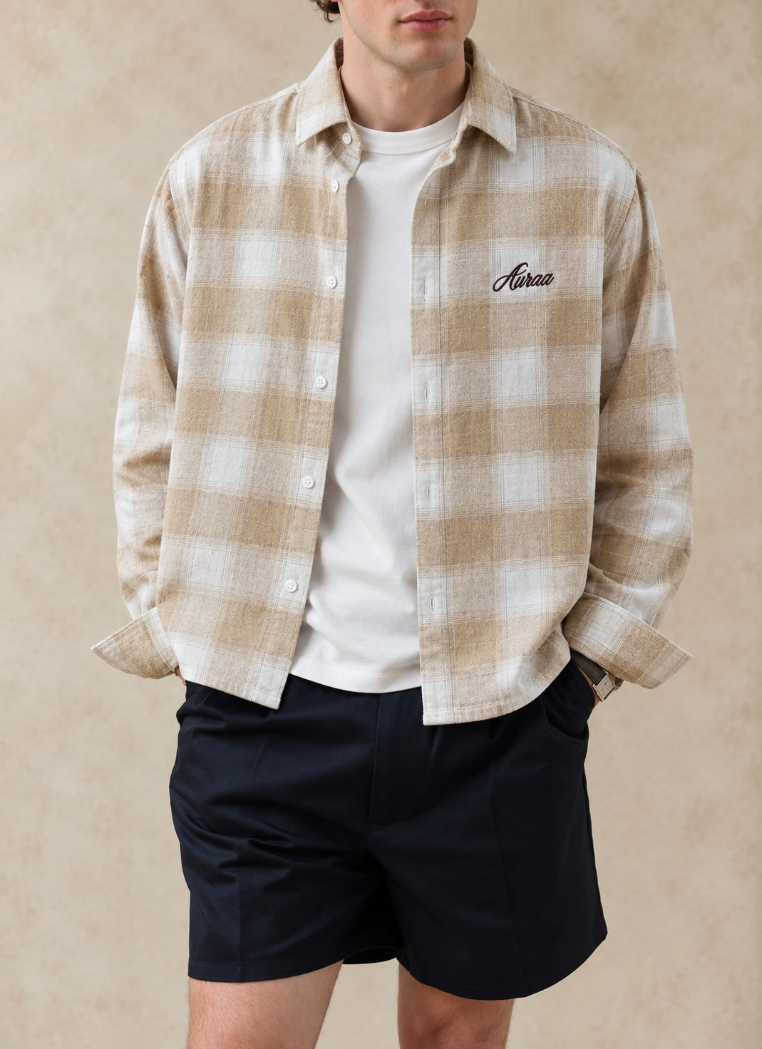 Boxy Fit Flannel Shirt - Beige & Cream