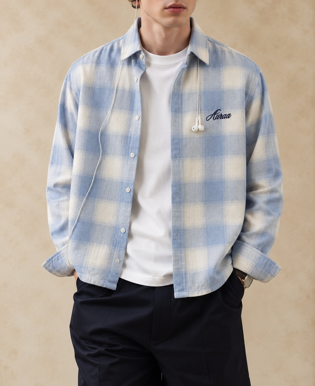 Boxy Fit Flannel Shirt - Blue & Cream