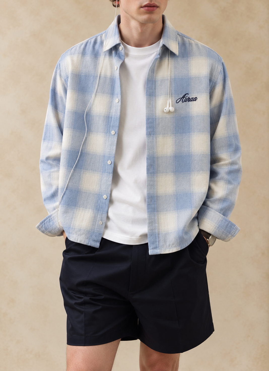 Boxy Fit Flannel Shirt - Blue & Cream