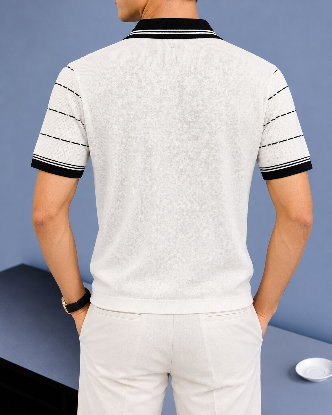 Vertical Stripe Knit Polo - White
