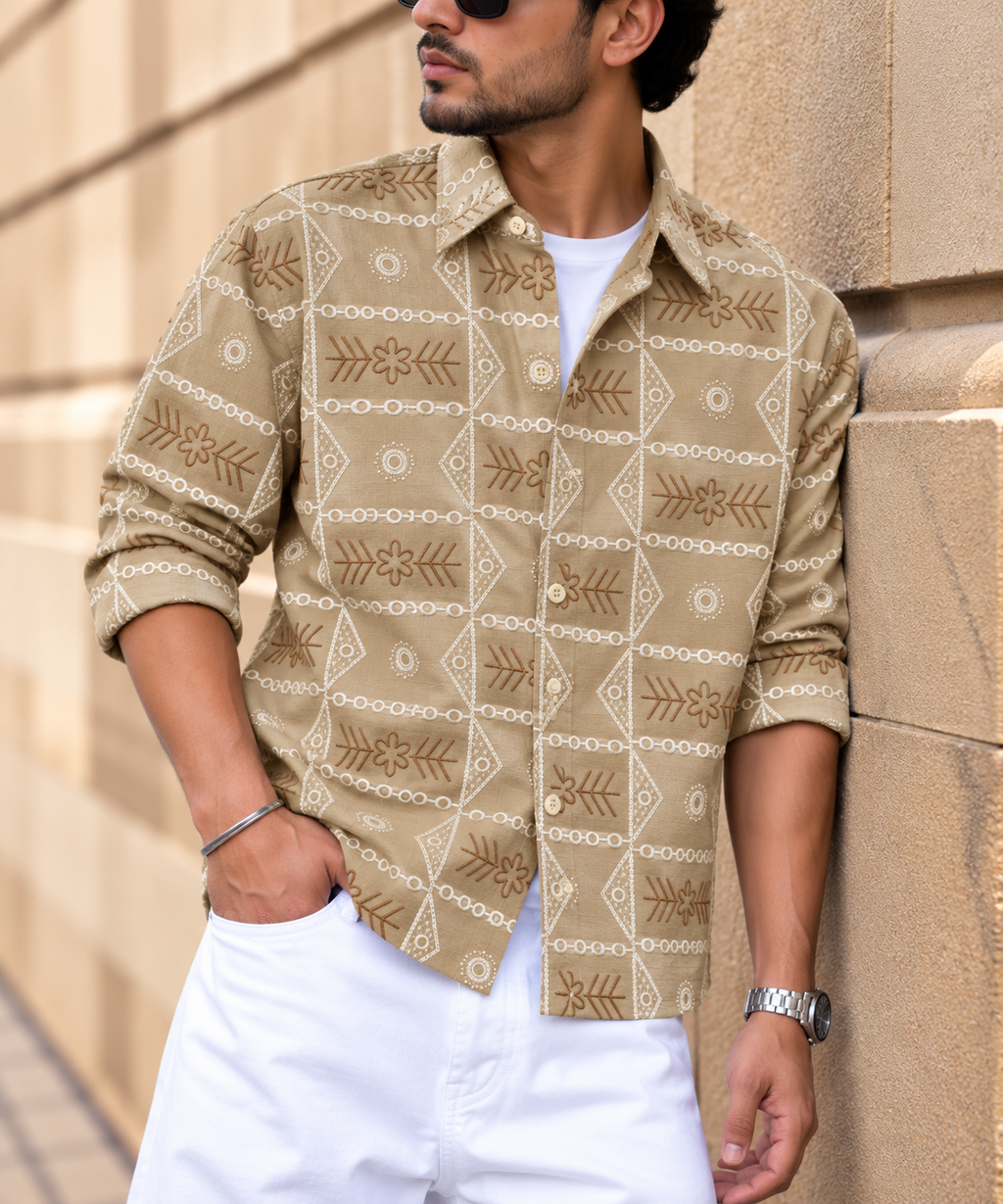 Geometric Embroidered Boxy Fit Shirt - Beige