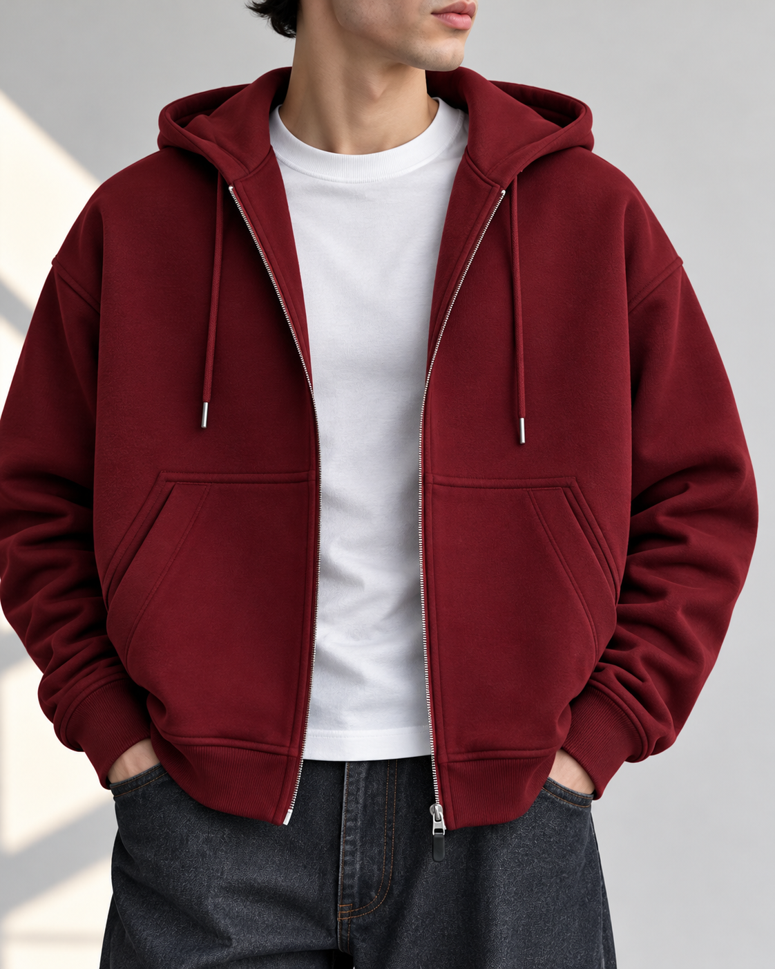 Oversized Zip Up Hoodie - Wine Red