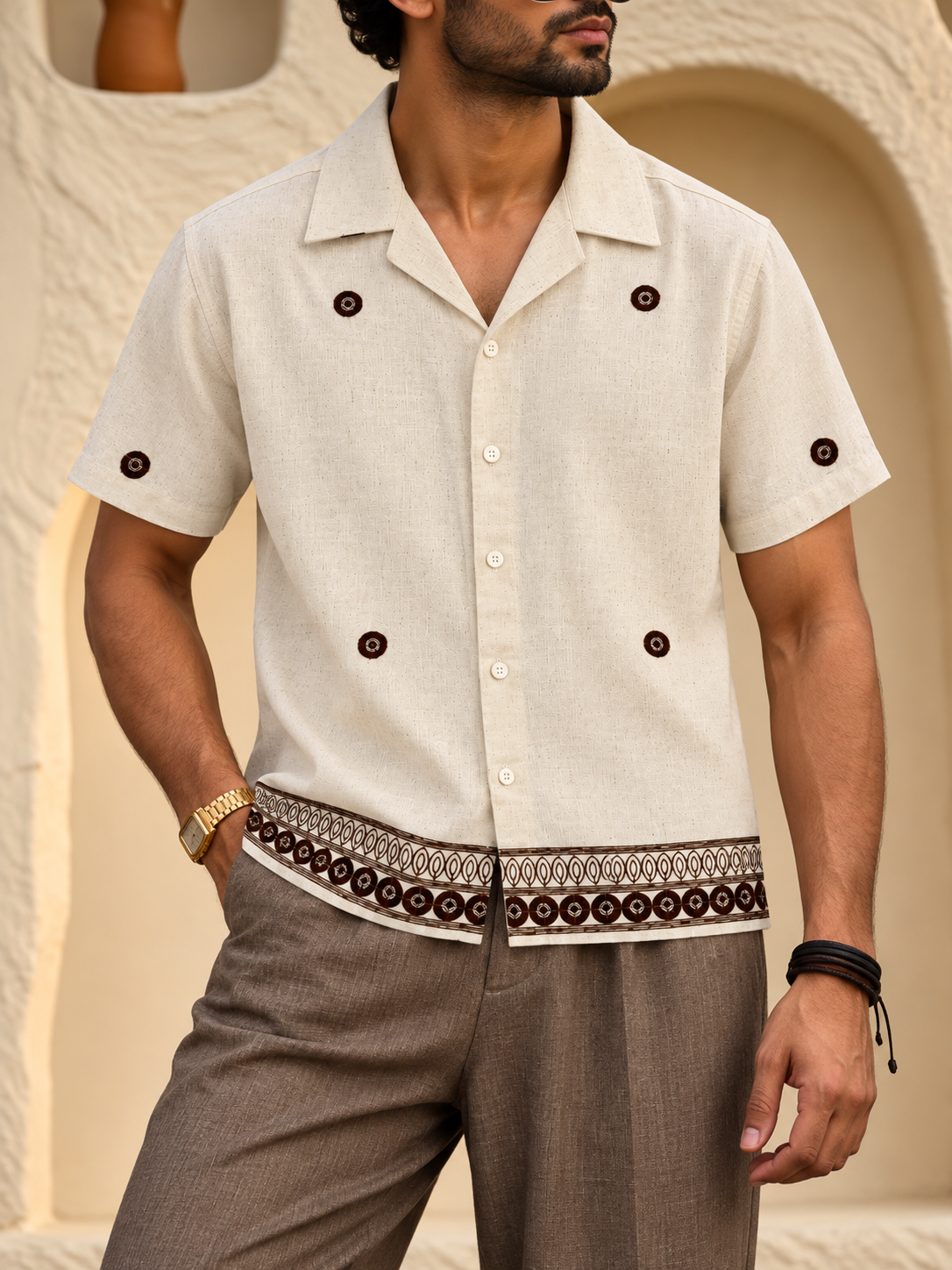 Linen Embroidered Camp Collar Shirt