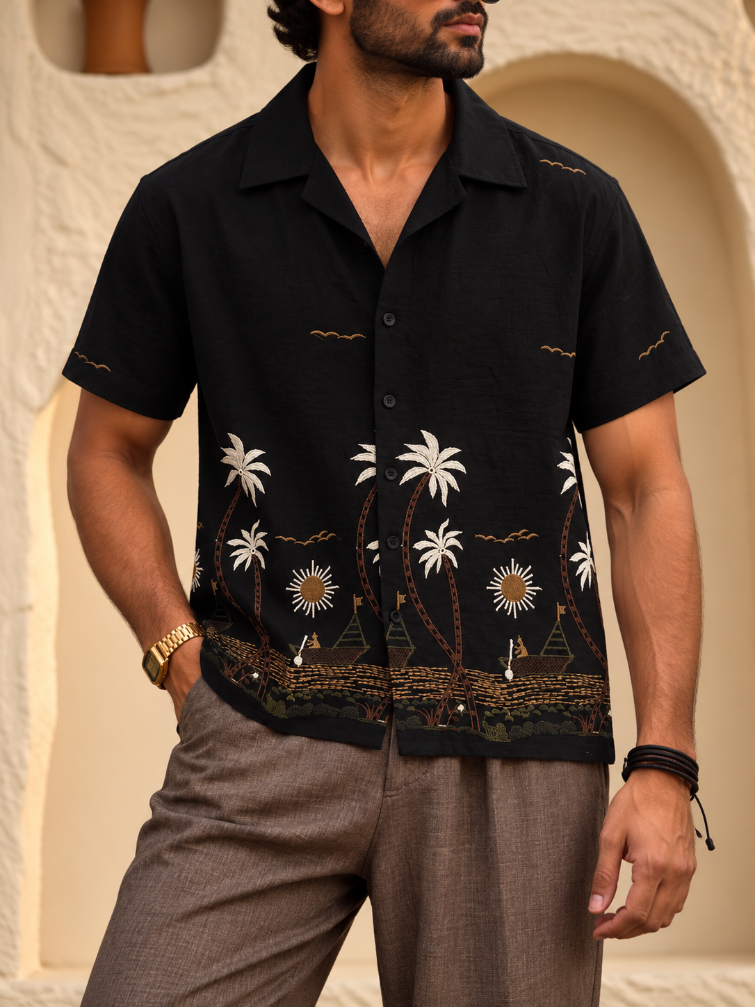 Tropical Embroidered Camp Collar Shirt - Black