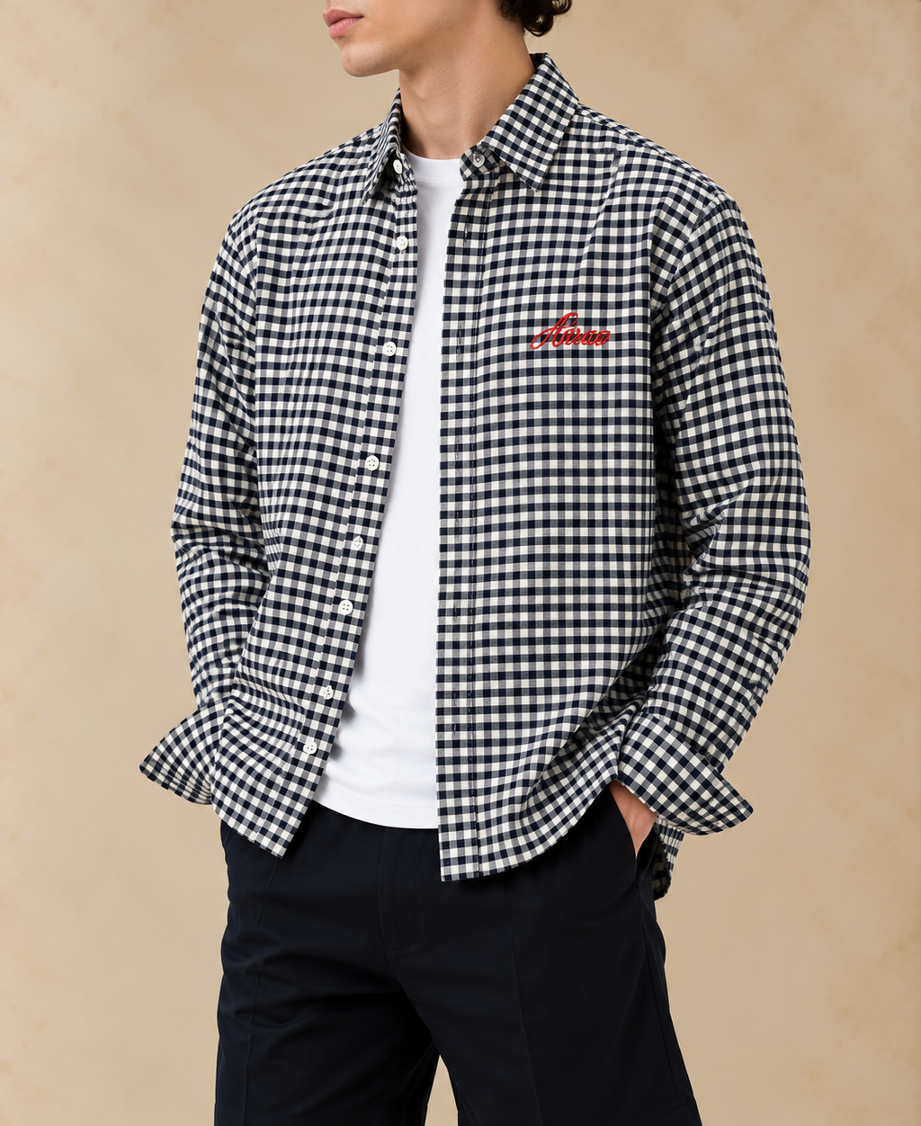 Boxy Fit Checkered Shirt - Navy Blue & White