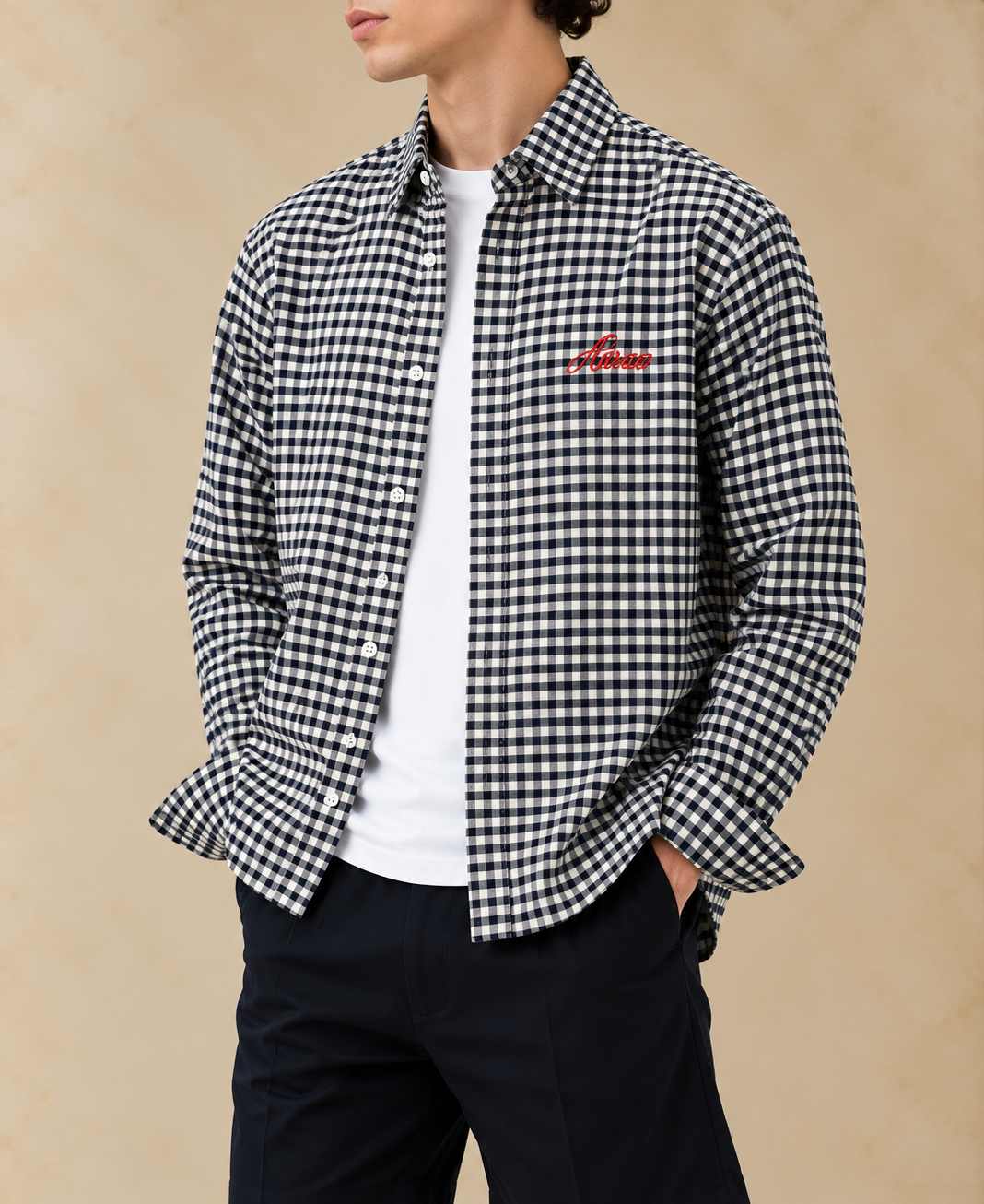 Boxy Fit Checkered Shirt - Navy Blue & White