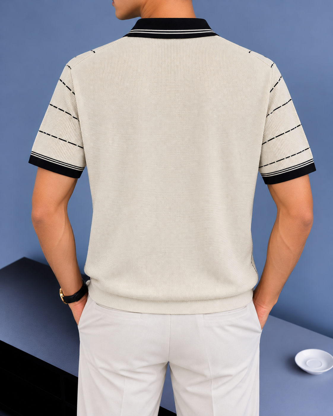 Vertical Stripe Knit Polo - Cream