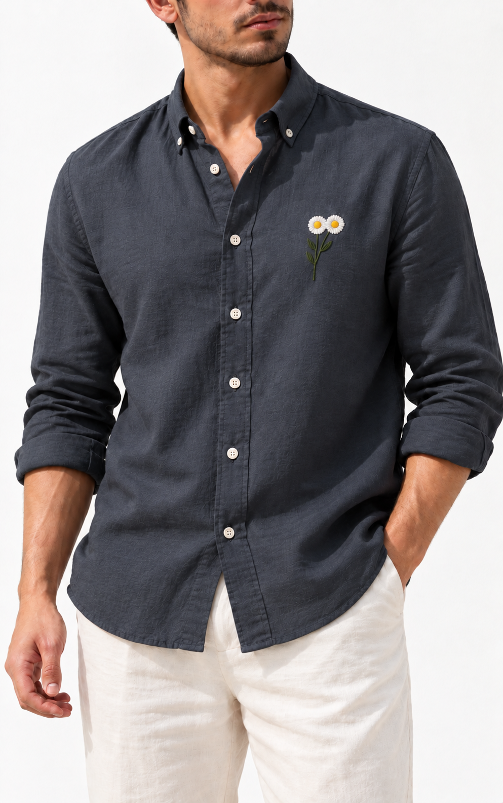 Daisy Embroidered Shirt - Charcoal Grey