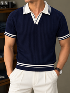 Ribbed Polo T Shirt - Navy Blue