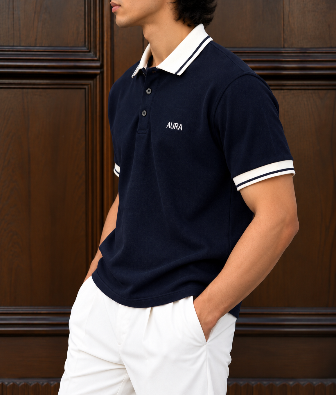 Textured Polo T Shirt - Navy Blue