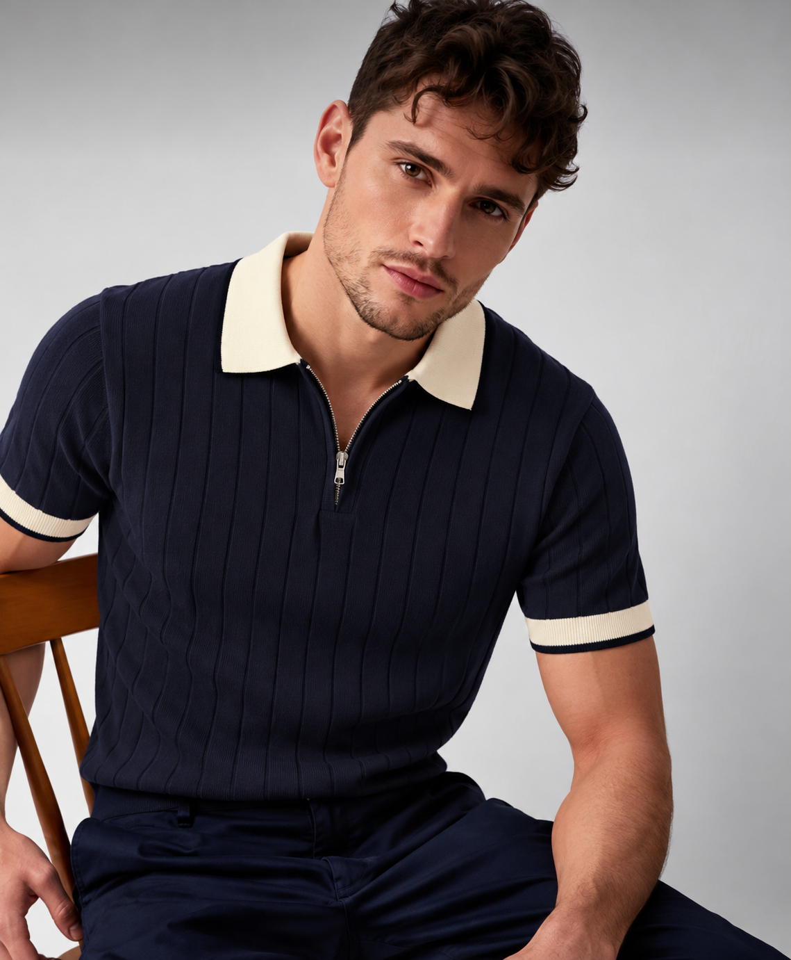 Ribbed Zip Polo - Navy
