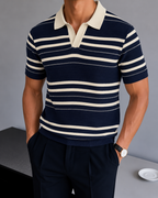 Striped Knit Polo - Navy Blue