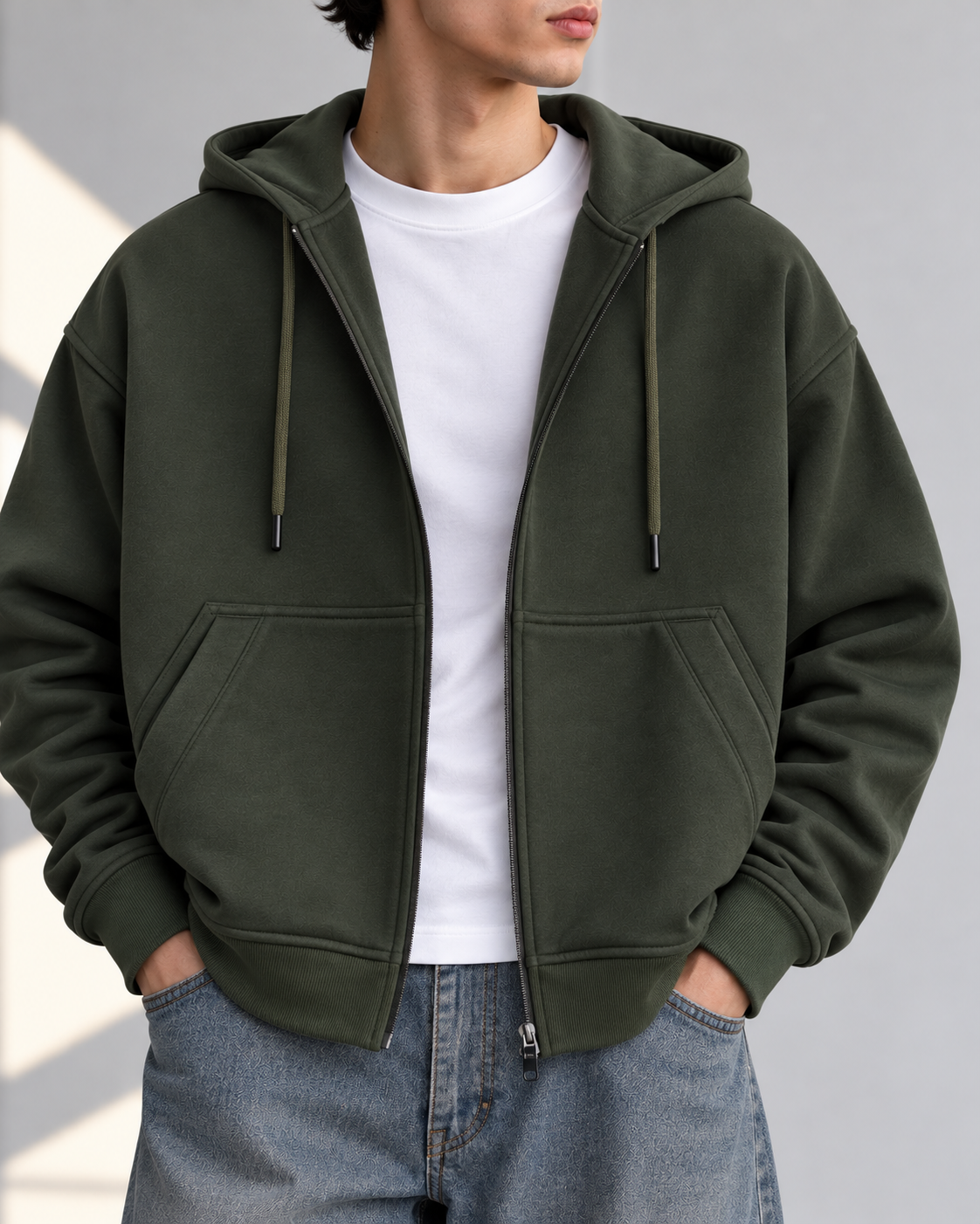 Oversized Zip Up Hoodie - Olive Green