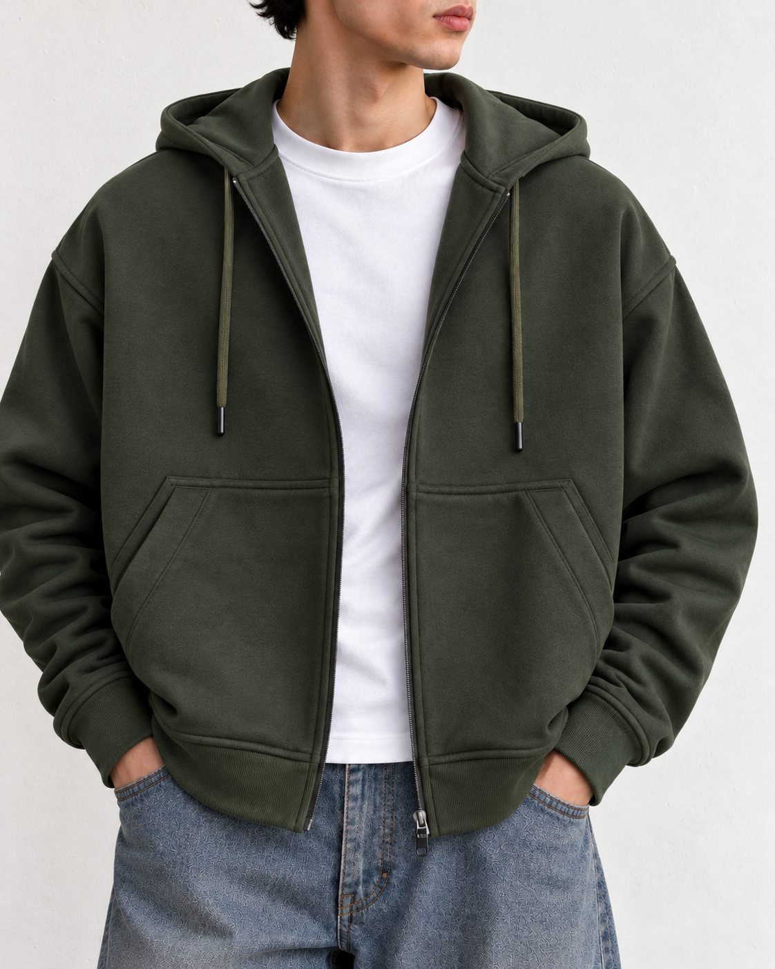 Oversized Zip Up Hoodie - Olive Green