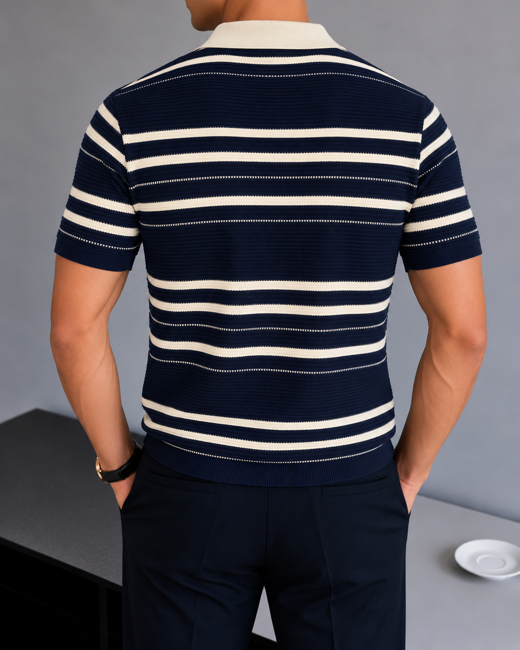 Striped Knit Polo - Navy Blue