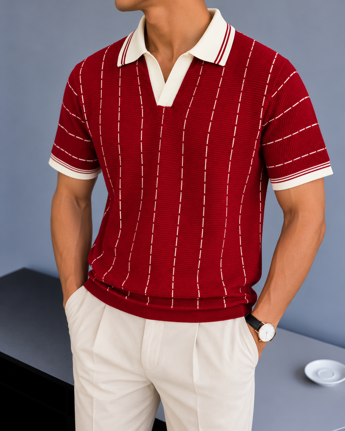 Vertical Stripe Knit Polo - Red